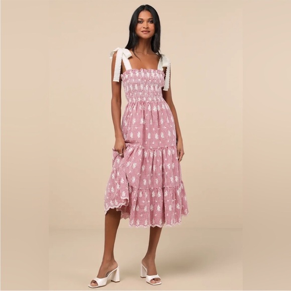 Red Gingham Embroidered Dress with White Bow Straps - Picture 1 of 5